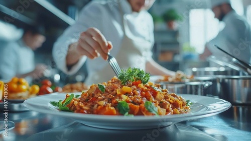 Chef plating a gourmet dish in a bustling kitchen filled with fresh ingredients and precise culinary techniques during lunchtime