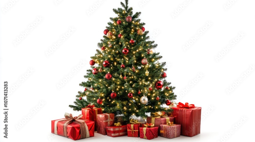 Elegant Christmas tree decorated with festive lights and ornaments, surrounded by gifts, against a simple white background Elegant Christmas tree decorated with festive lights and ornaments, surrounded by gifts, against a simple white background