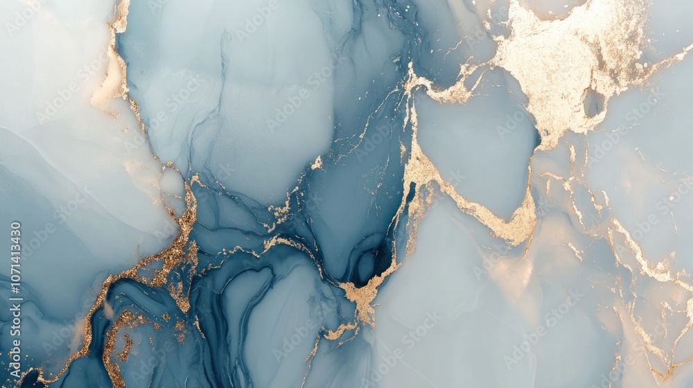 Fototapeta premium Elegant fluid marble texture in shimmering gold and ocean blue, creating a high-end visual.