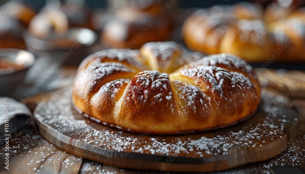 A close-up of a freshly baked, round bread loaf, dusted with powdered sugar, sitting on a wooden cutting board. A close-up of a freshly baked, round bread loaf, dusted with powdered sugar, sitting on a wooden cutting board.
