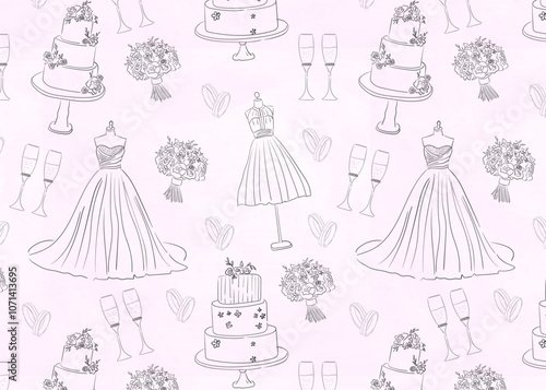 Hand drawn wedding themed seamless pattern.