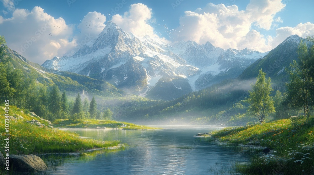 Fototapeta premium Serene mountain landscape with a lake and lush greenery.