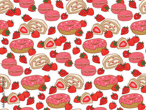 seamless pattern featuring donuts, strawberries, and macarons. Ideal for fabric, wrapping paper, stationery, and kitchen decor.