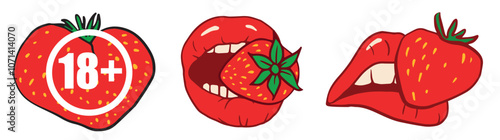 Colorful illustration featuring a strawberry with playful, bold lips. Ideal for marketing, social media, or adult-themed projects. photo