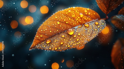 a raindrop on an umbrella, relecting the golden light of sunset, macro photography photo