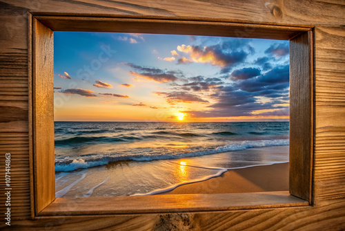 A beautiful sunset over the ocean framed by wooden planks, showcasing waves gently lapping at the shore under a colorful sky.