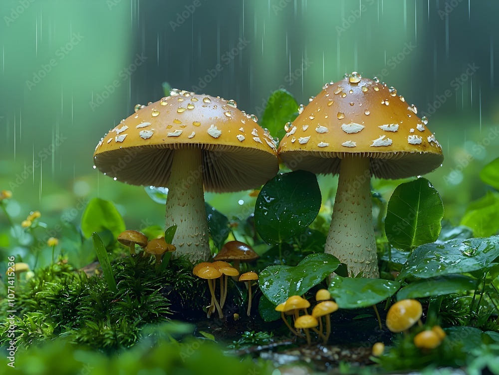 Fototapeta premium Two vibrant orange mushrooms adorned with raindrops stand amidst lush greenery, creating a serene and enchanting atmosphere in a misty forest setting.