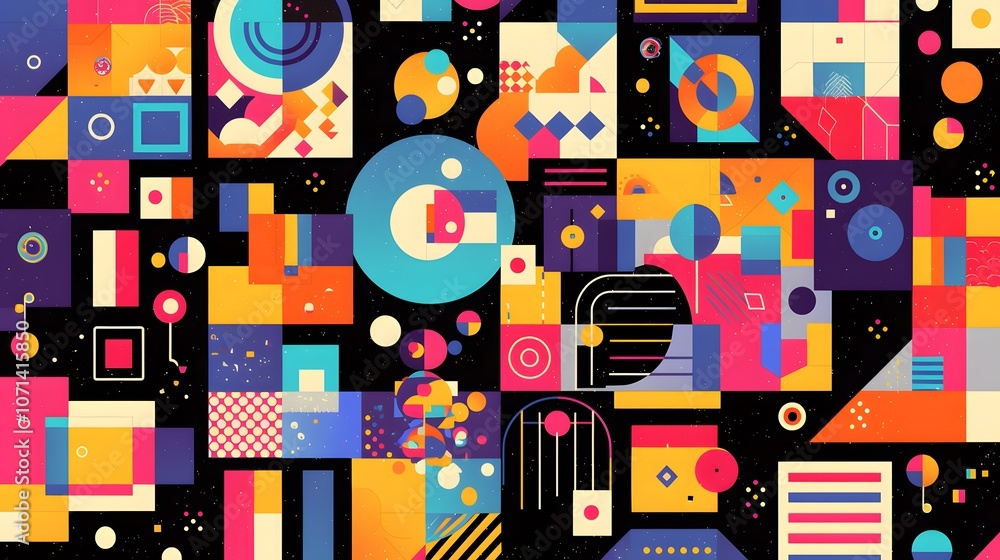 Vector of geometric patterns in classic Memphis style, with colorful shapes on black for an anime design aesthetic.