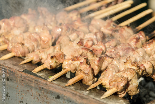 skewers of meat prepares outdoors photo