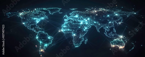 World map made of interconnected glowing circuits, TechnoAbstract, Monochrome with neon accents, Digital art, Symbolizing global financial networks photo