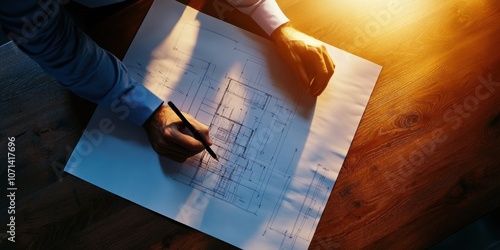 Captured from above, a designer meticulously sketches architectural blueprints on paper, illuminated by warm light, showcasing the intricate details of a building plan. photo