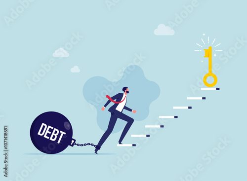 Debt free or freedom for pay off debts, loan or mortgage, solution to solve financial problem, savings or investment to break free, businessman trying to get golden key for unlock debt burden chain