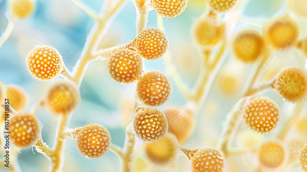 Close-up of microscope slide revealing intricate fungal spores, essential for research on fungal diseases and microbiology studies. Close-up of microscope slide revealing intricate fungal spores, essential for research on fungal diseases and microbiology studies.