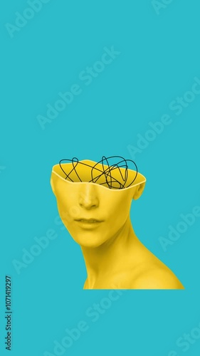 New idea concept. Lamp icon drawing. Head of a woman. Thin line sketch. Personal growth and development. Business and education concept.