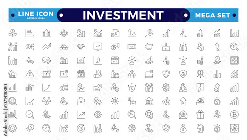 Investment outline icon set. Containing investor, mutual fund, asset, risk management, economy, financial gain, interest and stock icons. Stockbroker,  investor. Editable stroke outline icon.