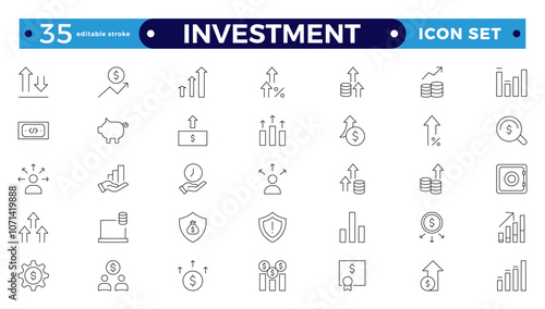 Investment outline icon set. Containing investor, mutual fund, asset, risk management, economy, financial gain, interest and stock icons. Stockbroker,  investor. Editable stroke outline icon.