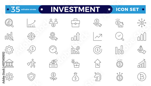 Investment outline icon set. Containing investor, mutual fund, asset, risk management, economy, financial gain, interest and stock icons. Stockbroker,  investor. Editable stroke outline icon.