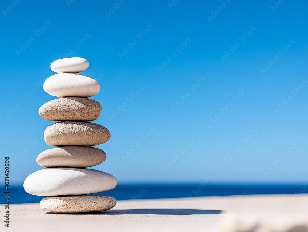 Stacked stones on a sandy beach under a clear blue sky