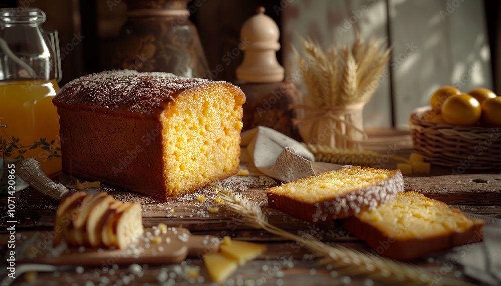Fototapeta premium A loaf of freshly baked cornbread with slices and powdered sugar on a wooden table.