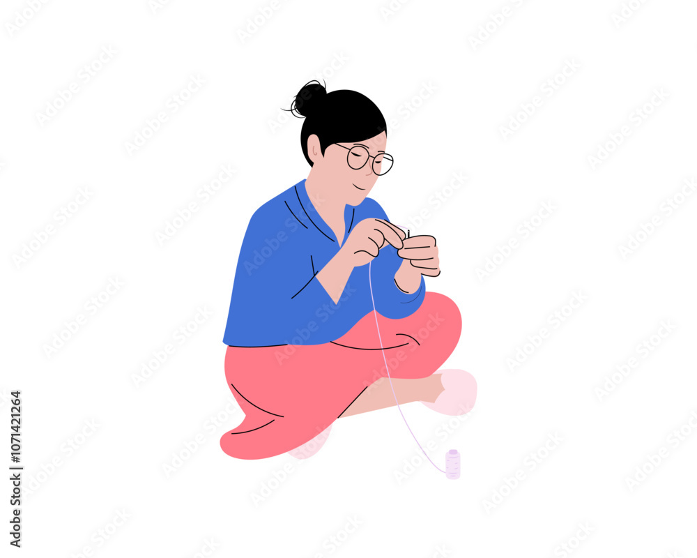 A woman inserting a sewing on needle illustration A woman inserting a sewing on needle illustration