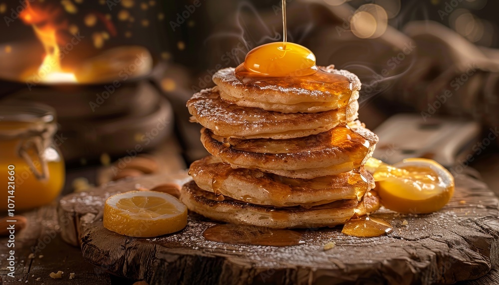 A stack of golden pancakes drizzled with honey and powdered sugar, surrounded by lemon slices and almonds, with a warm, inviting background. A stack of golden pancakes drizzled with honey and powdered sugar, surrounded by lemon slices and almonds, with a warm, inviting background.