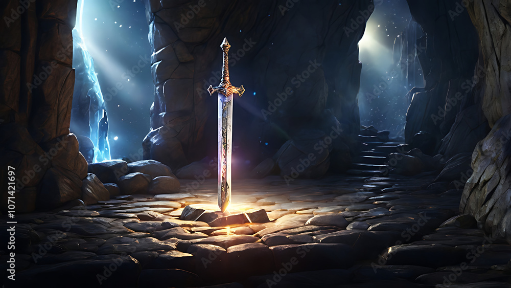 Obraz premium King Arthur’s Excalibur – Illustration of a Majestic Sword Embedded in Stone with Glowing Light Beaming Outwards