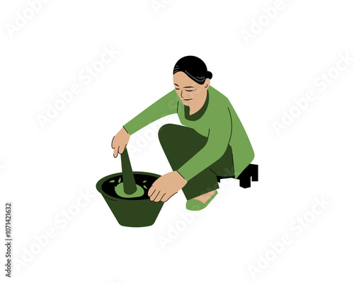 An old woman grinds Herbal spice illustration