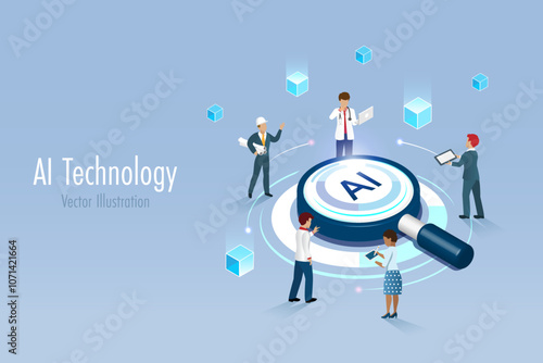 Diverse people using AI magnifying glass as powerful search engine for smart data analyzing. Artificial intelligence innovation technology to define smart solution. 3D vector.