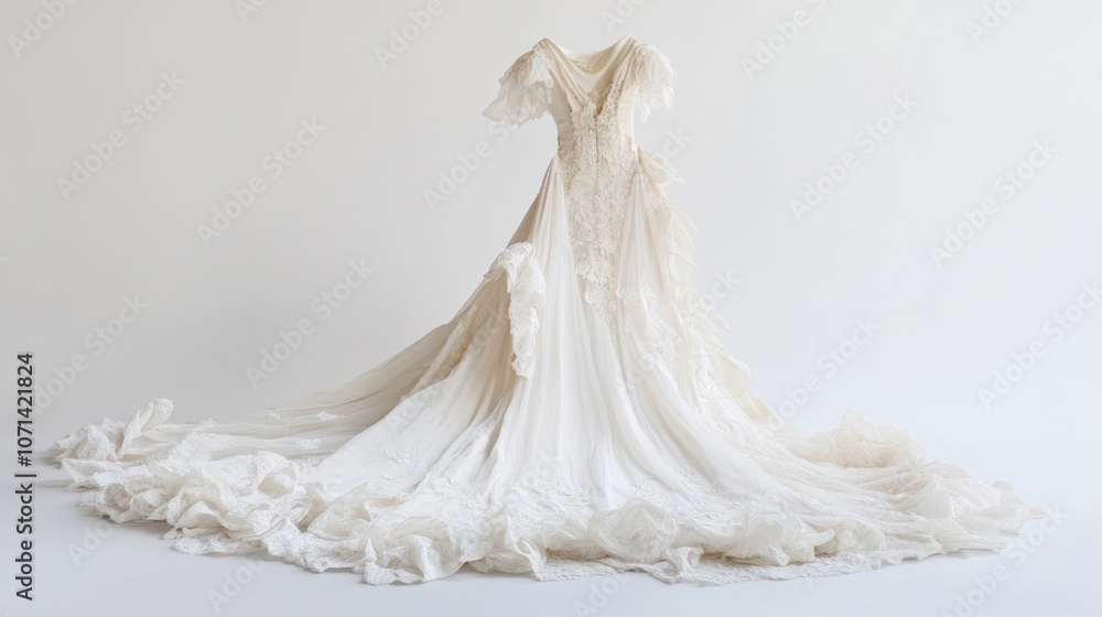 Handmade wedding dress with artisanal details, on a plain white background for a custom feel Handmade wedding dress with artisanal details, on a plain white background for a custom feel