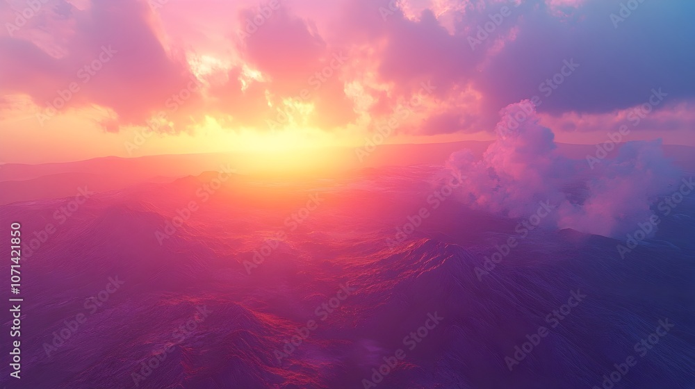 Ethereal Volcanic Landscape with Vibrant Sunset Hues and Billowing Steam Plumes Ethereal Volcanic Landscape with Vibrant Sunset Hues and Billowing Steam Plumes