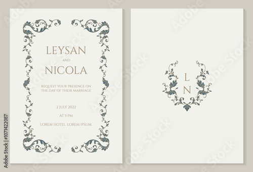 Elegant wedding invitation. Classic frame andl monogram. Floral decor.