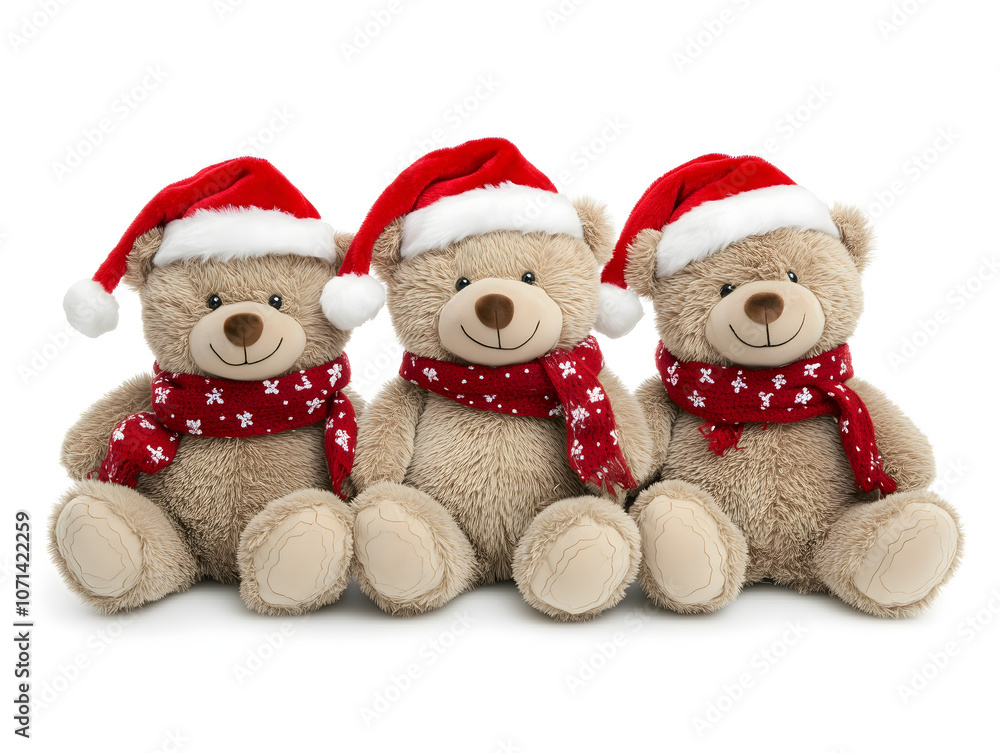 3 teddy bears with Santa hats and red scarves 3 teddy bears with Santa hats and red scarves