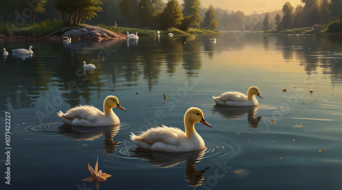 The Ugly Duckling – Illustration of a Small, Unremarkable Duckling Surrounded by Larger, Beautiful Swans on a Peaceful Lake photo