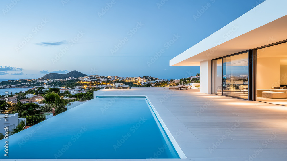 Fototapeta premium Modern villa overlooking a serene pool with stunning mountain views during twilight hours