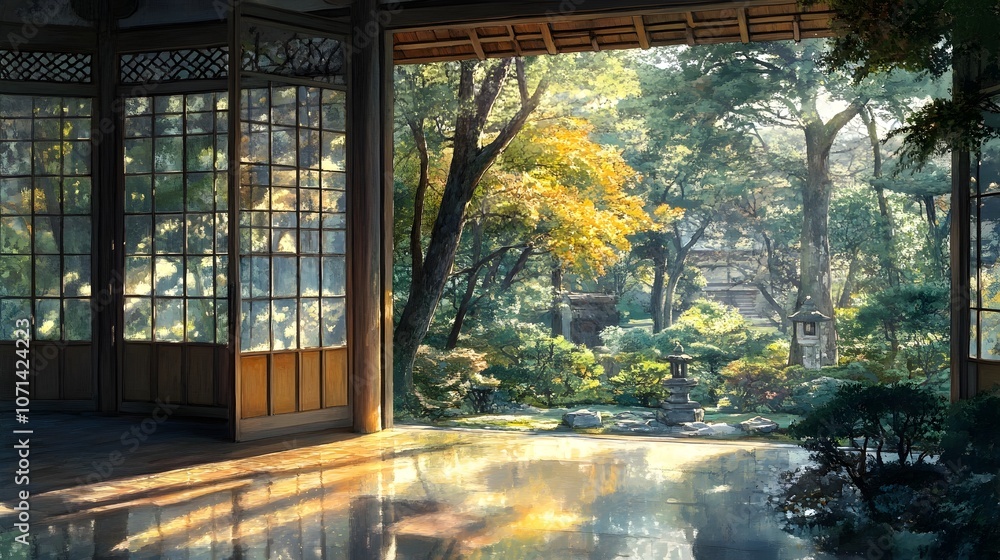 Fototapeta premium Traditional Japanese Tea House with Serene Garden View and Soft Morning Light