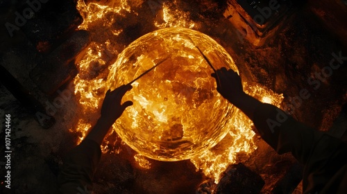 Skilled Artisan Crafting Intricate Glass Piece Amidst Fiery Furnace Backdrop