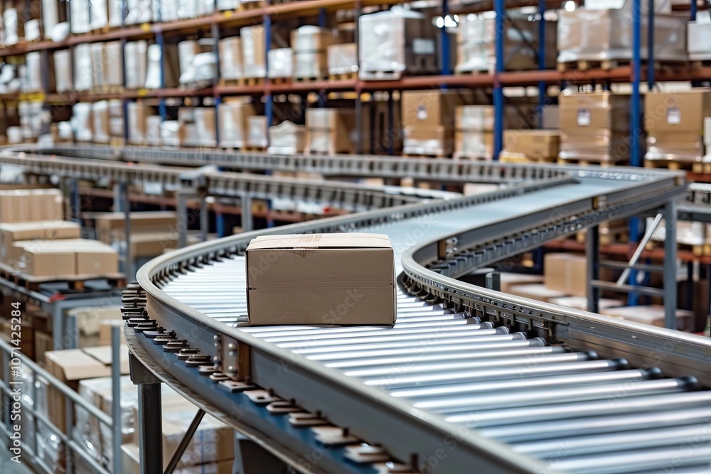 Fototapeta premium Conveyor belt in a bustling warehouse efficiently handling the flow of packages