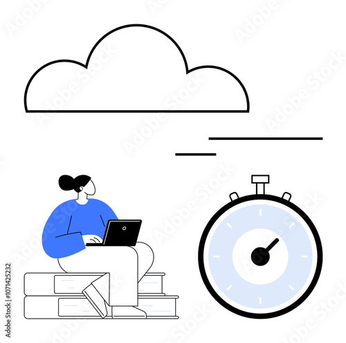 Woman sitting on stack of books using a laptop. Large stopwatch and cloud icon nearby. Ideal for time management, online learning, productivity, deadlines, cloud computing, organization