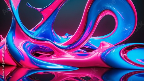  Surreal liquid shapes combining monochrome tones and vivid colors, with reflective surfaces and smooth, flowing forms.