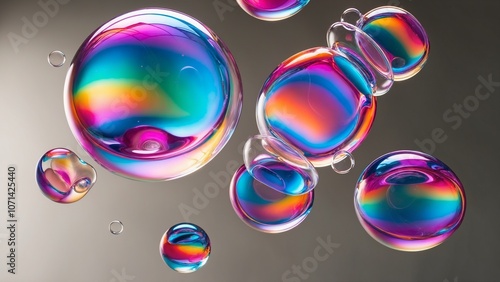 Abstract liquid bubbles in gradient colors, suspended in a dark background, with each bubble containing different vibrant hues.