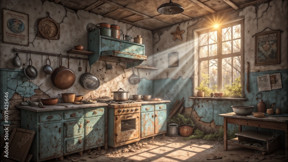 Fototapeta premium Old rustic kitchen with sunlight streaming in, past tense