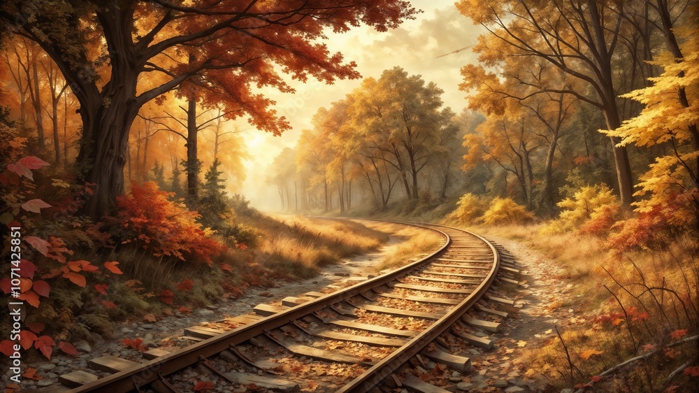 Railway through autumn forest, past tense Railway through autumn forest, past tense