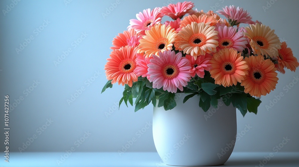 A vibrant bouquet of gerbera daisies in a white vase. A vibrant bouquet of gerbera daisies in a white vase.