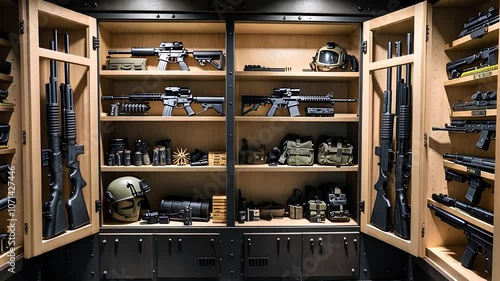 Well-Organized Weapon Storage Room with Tactical Gear
