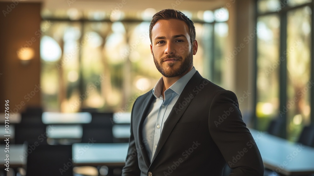 A photo of a marketing manager in a black suit standing in a conference room with sideways light, making the image look solid and powerful. A photo of a marketing manager in a black suit standing in a conference room with sideways light, making the image look solid and powerful.