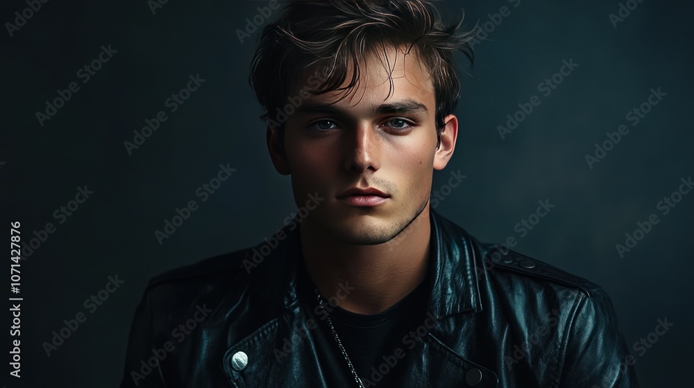 A portrait of a young man in a leather jacket standing in studio with split lighting gives the image a rich and appealing look. A portrait of a young man in a leather jacket standing in studio with split lighting gives the image a rich and appealing look.