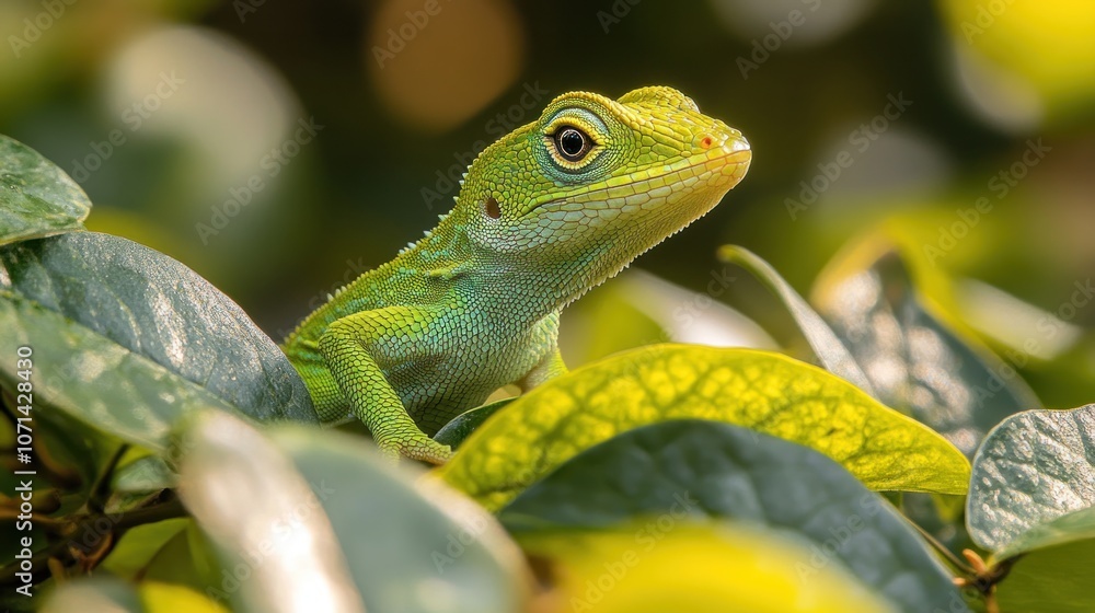 A green lizard perched among vibrant green leaves. A green lizard perched among vibrant green leaves.