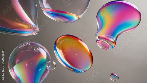 Abstract liquid bubbles in gradient colors, suspended in a dark background, with each bubble containing different vibrant hues.