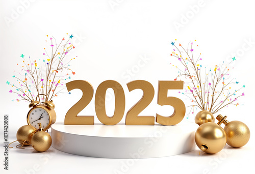 Elegant 3D text 2025 golden new year decorative in podium isolated on white background