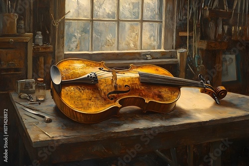 Vintage Violin in Traditional Luthier s Workspace with Exquisite Golden Hour Lighting photo